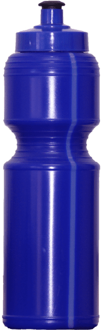 A drink bottle in blue, featuring a ribbed design and a matching screw-top lid. It has a logo on the side.