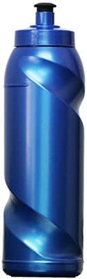 A drink bottle in a vibrant blue colour with a twisted design and a lid. Features a logo on the side.