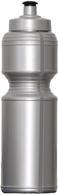 A drink bottle in silver with a ribbed design and a black spout, featuring a logo. Capacity of 800ml.