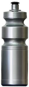 A drink bottle in silver, featuring a sleek design and a black cap, with a logo displayed on the surface.