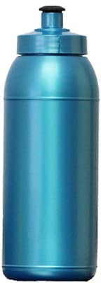 A drink bottle in metallic blue, featuring a screw-on top and a logo. Capacity of 600ml.