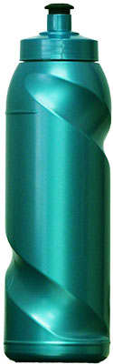 A drink bottle in a teal colour with a twisted design and a screw-on lid. It has a logo on the front.