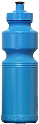 A blue drink bottle with a textured grip and a black cap, featuring a logo.