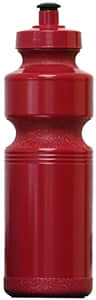 A red triathlon drink bottle with a textured grip and a push-pull lid, featuring a logo.