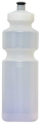 A drink bottle in a transparent, frosted white design with a black top. It features a logo on its surface.