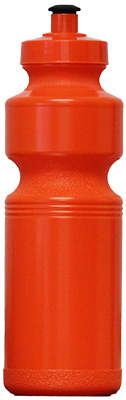 A drink bottle in bright orange with a contoured design and a black cap. It features a logo on the side.