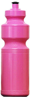 A pink triathlon drink bottle with a squeeze top and a textured body for grip. It features a simple logo.