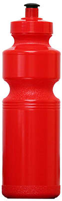 A drink bottle in bright red, featuring a textured grip and a black cap, with a logo on its side.
