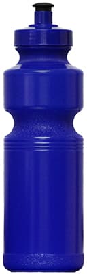 A blue drink bottle with a textured grip and a push-pull spout. It features a logo on the side.
