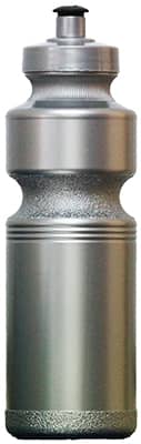 A drink bottle in silver and grey, featuring a textured grip and a screw-on lid with a nozzle. It has a logo.
