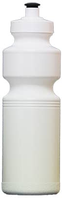A white drink bottle with a ridged grip, featuring a spout and a removable lid. It includes a logo.