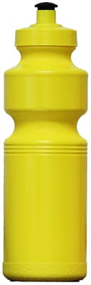 A yellow drink bottle with a twist cap, featuring a simple design and ridged sections for grip.