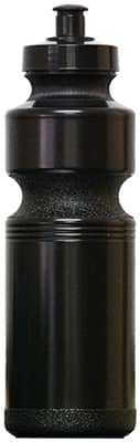 A drink bottle in black featuring a textured body and a secure top lid, with a logo on the surface.