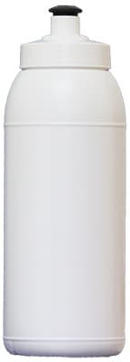A drink bottle in white with a black cap, featuring a logo on its surface, designed for sports use.