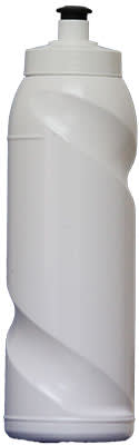 A drink bottle in white, featuring a twisted design and a black screw-top lid. It has a logo on the side.
