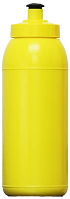 A drink bottle in bright yellow with a black cap, featuring a logo. Holds 600ml of liquid.