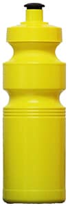 A drink bottle in bright yellow with a unique shape, featuring a black cap and a visible logo.