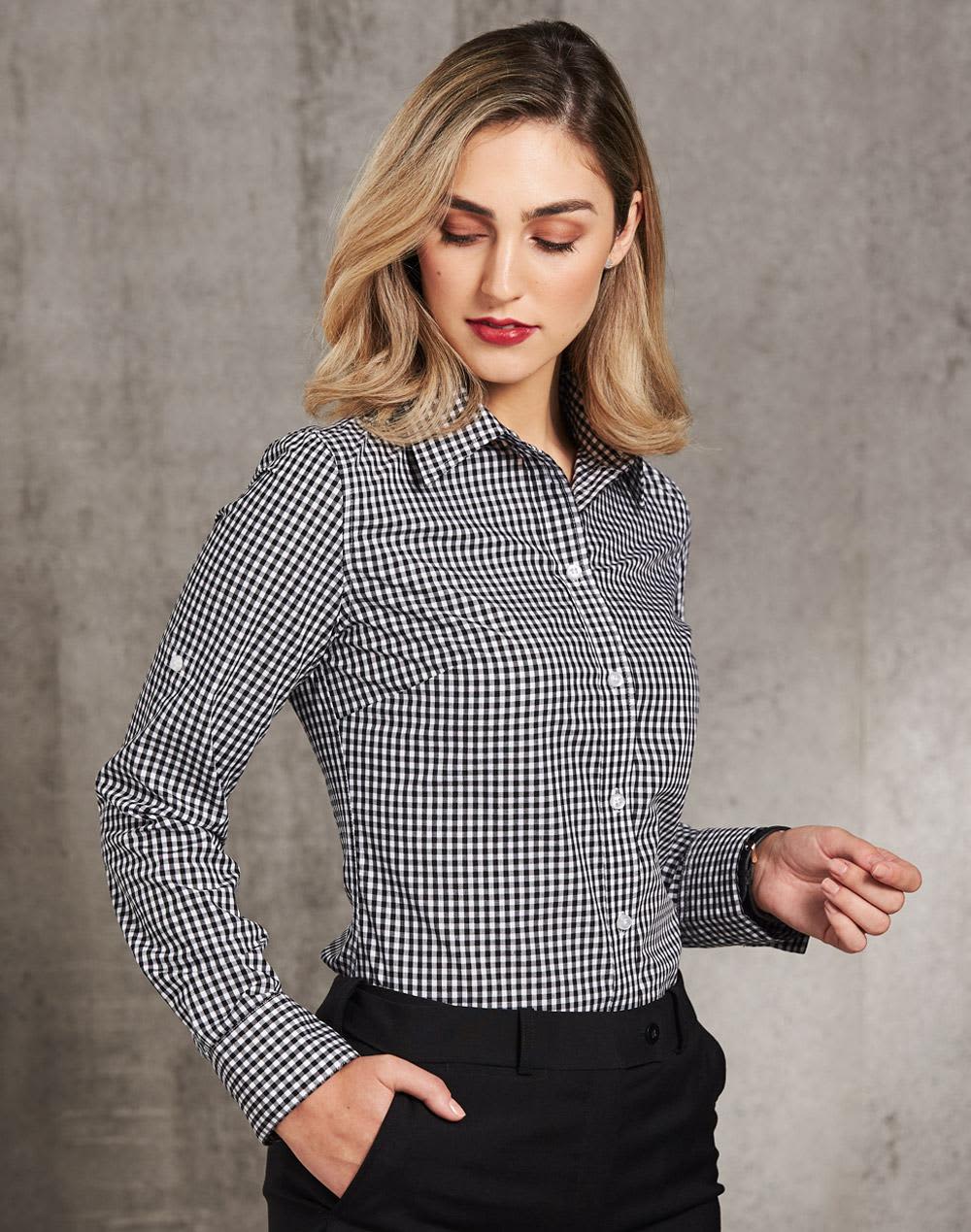 Women's Gingham Check Roll-up L/S Shirt SH-M8300L
