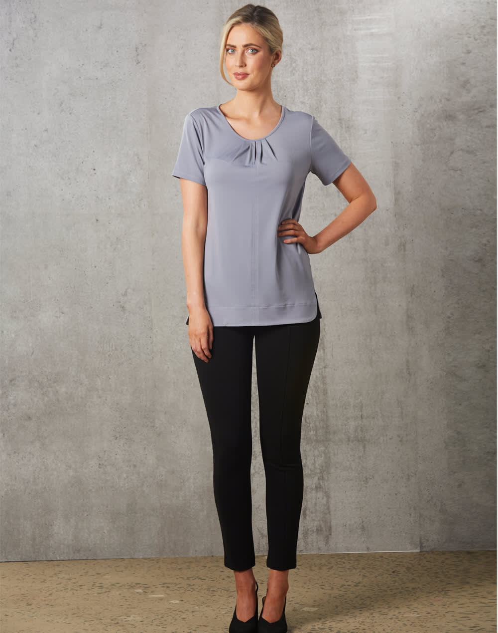 Ladies' Round Neck with Pleats S/S Knit Top SH-M8850