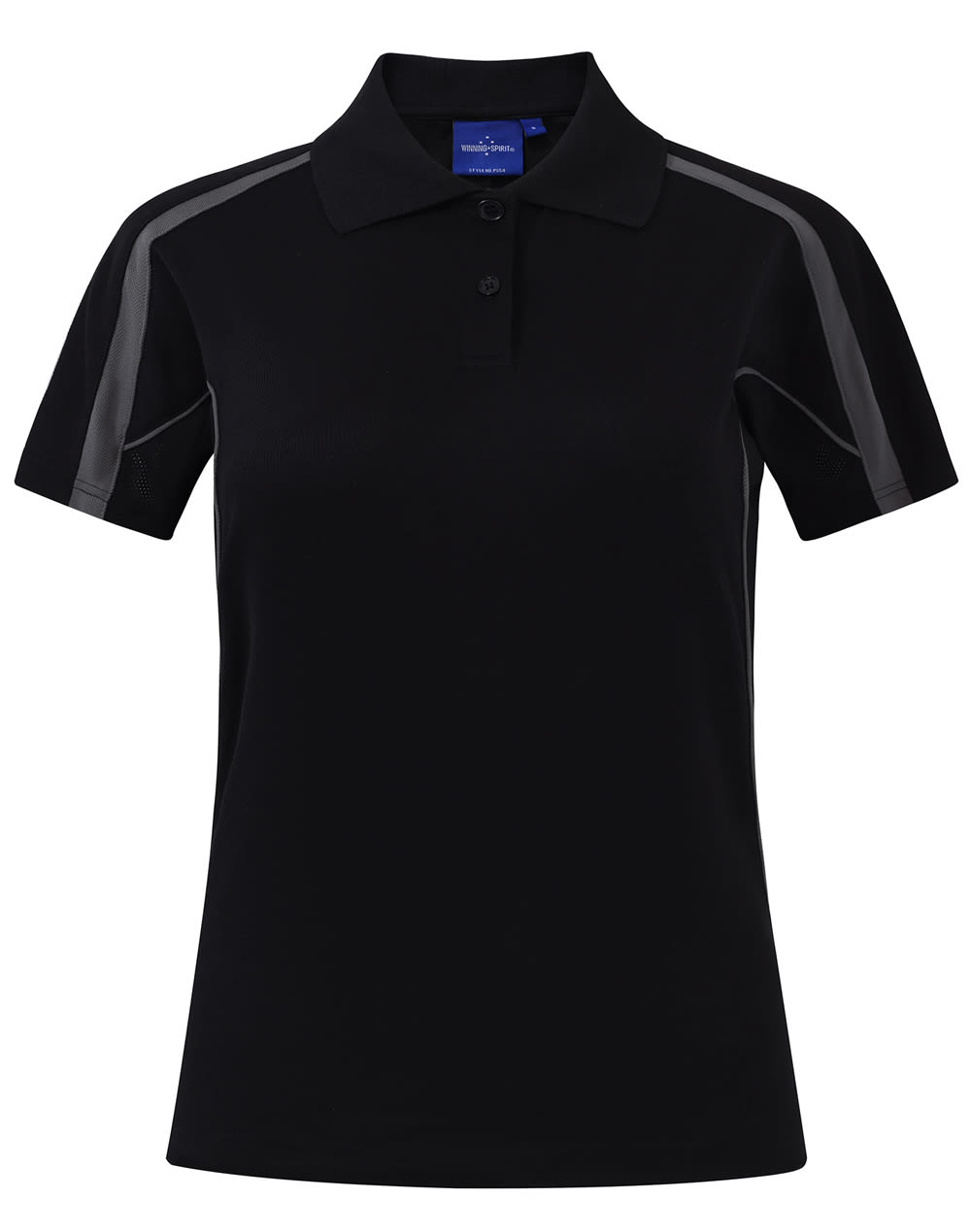 A dark brown short sleeve polo shirt featuring grey accents and a collar. It has a logo on the chest area.