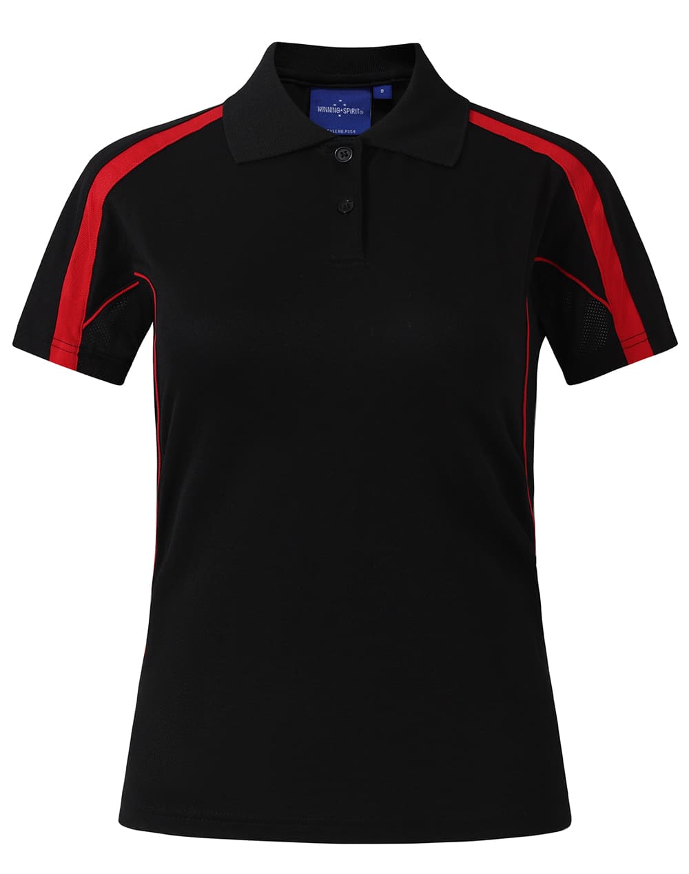 A short sleeve polo shirt in dark brown with red accents and a logo on the chest.