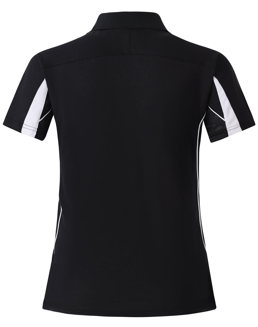 A black short sleeve polo shirt with white accents and a logo on the front.