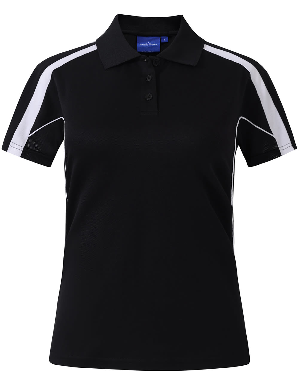A black short sleeve polo shirt featuring white accents and a logo on the collar.