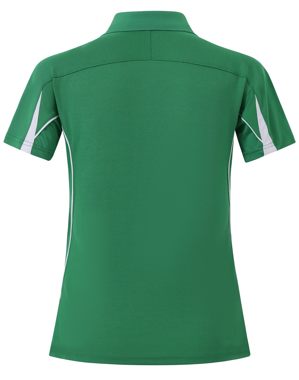A green short sleeve polo shirt with white detailing and a collar, featuring a logo on the back.
