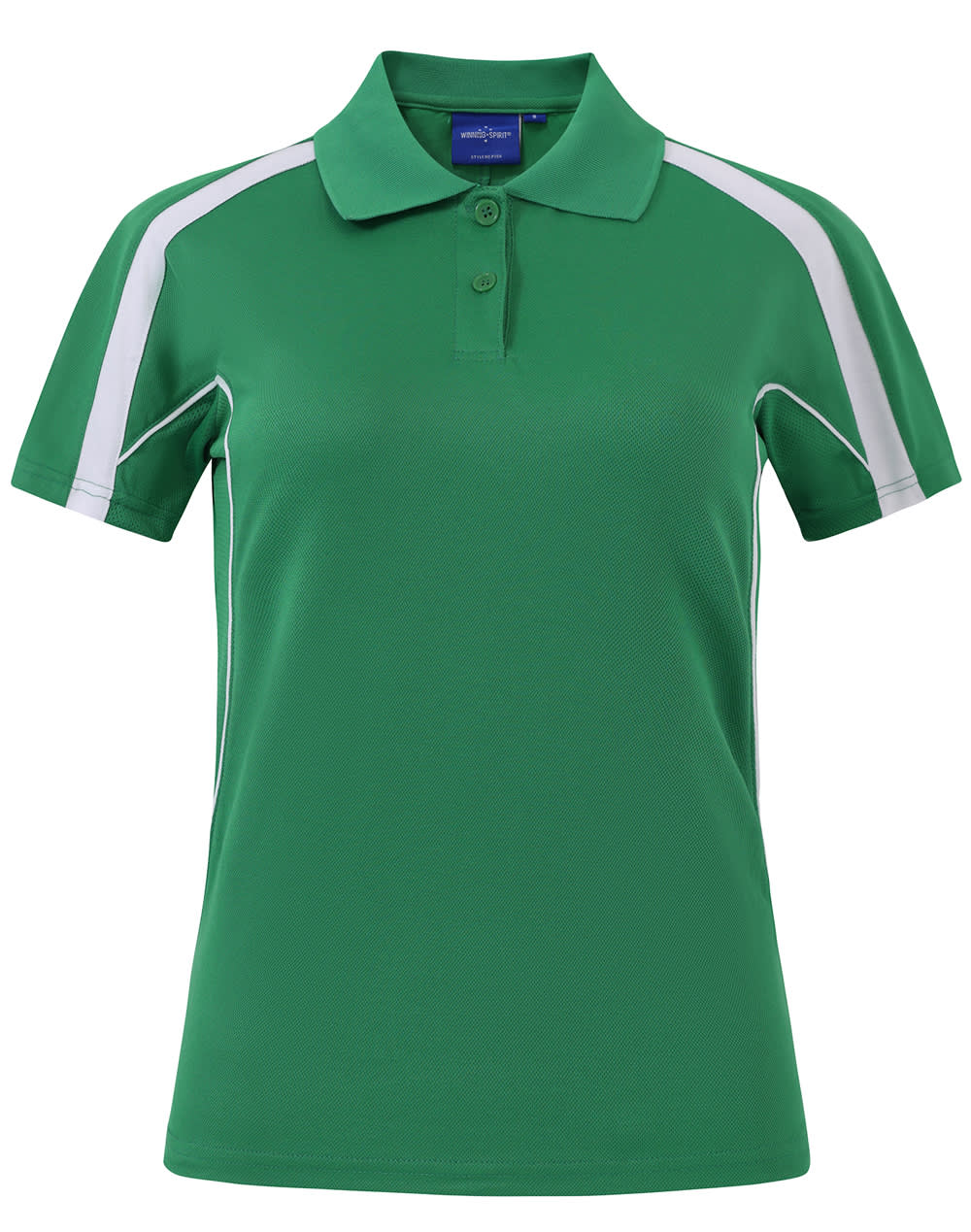 A green and white short sleeve polo shirt featuring a collar and contrasting side panels, with a logo on the chest.