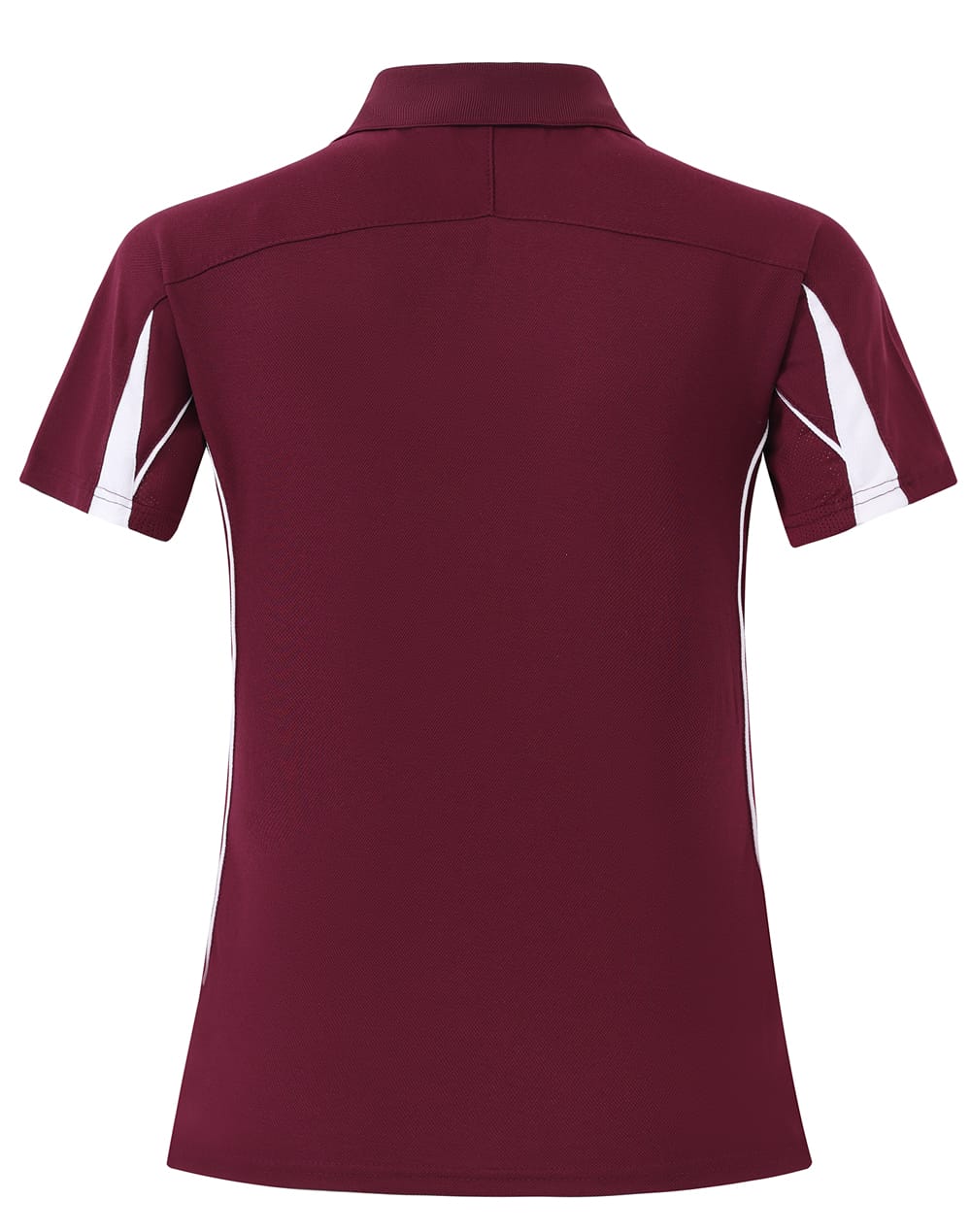 A maroon short sleeve polo shirt with white accents and a logo on the chest.