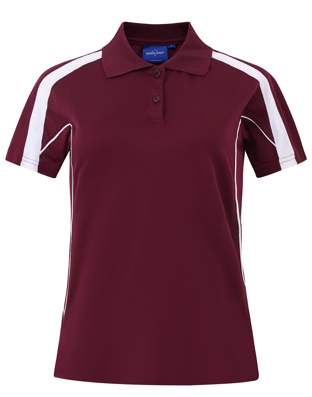 A maroon short sleeve polo shirt featuring white accents and a logo on the collar.