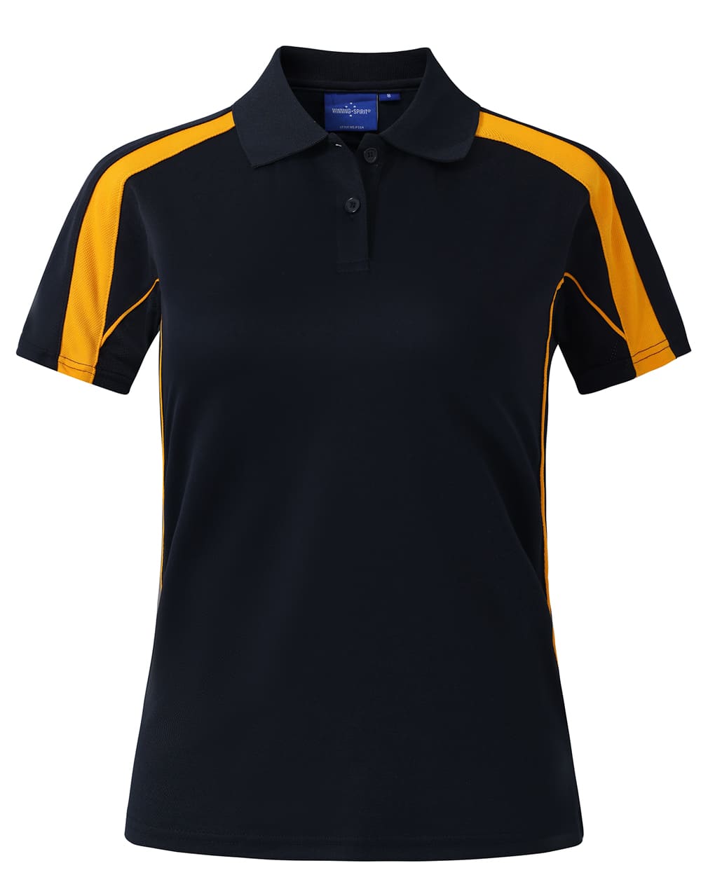 A black short sleeve polo shirt with orange side panels and a logo on the collar.