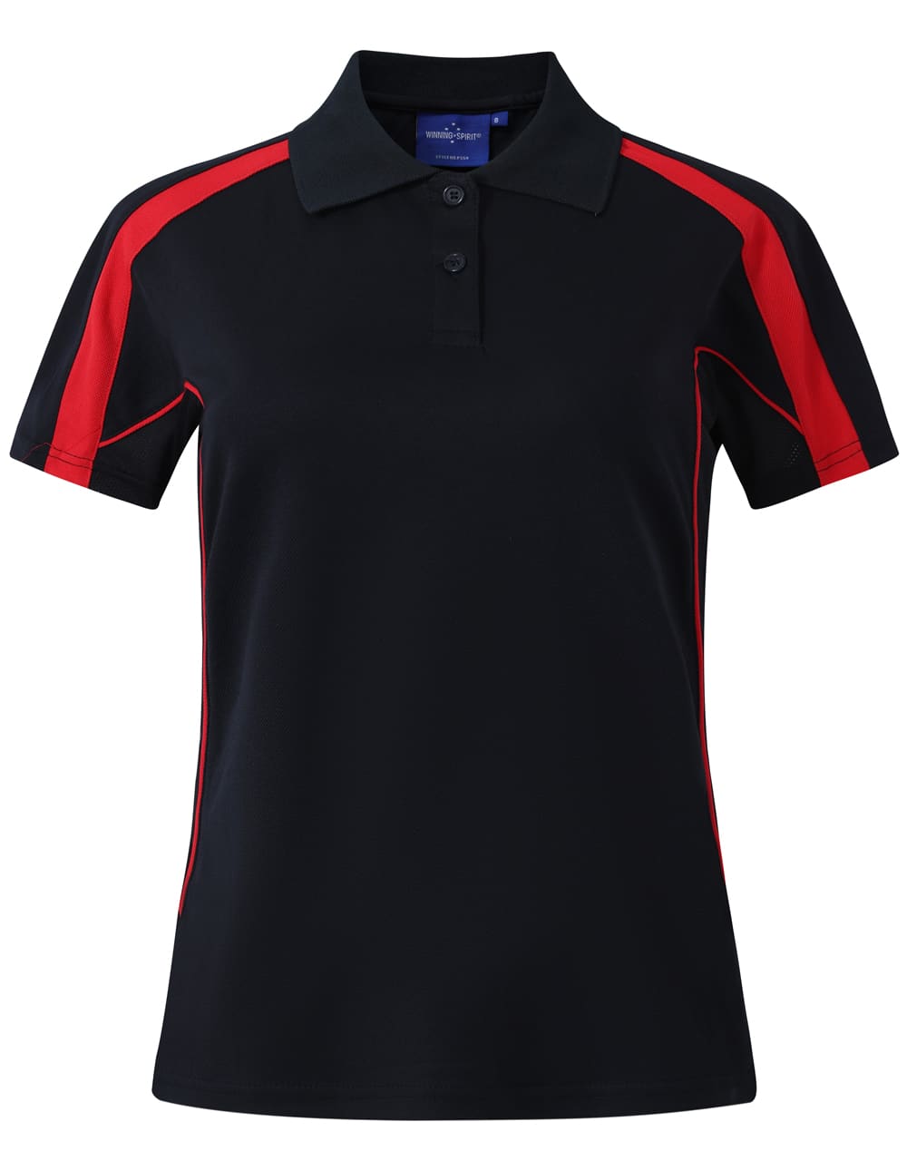 A black polo shirt with red accents, featuring short sleeves and a collar. It has a logo on the chest area.