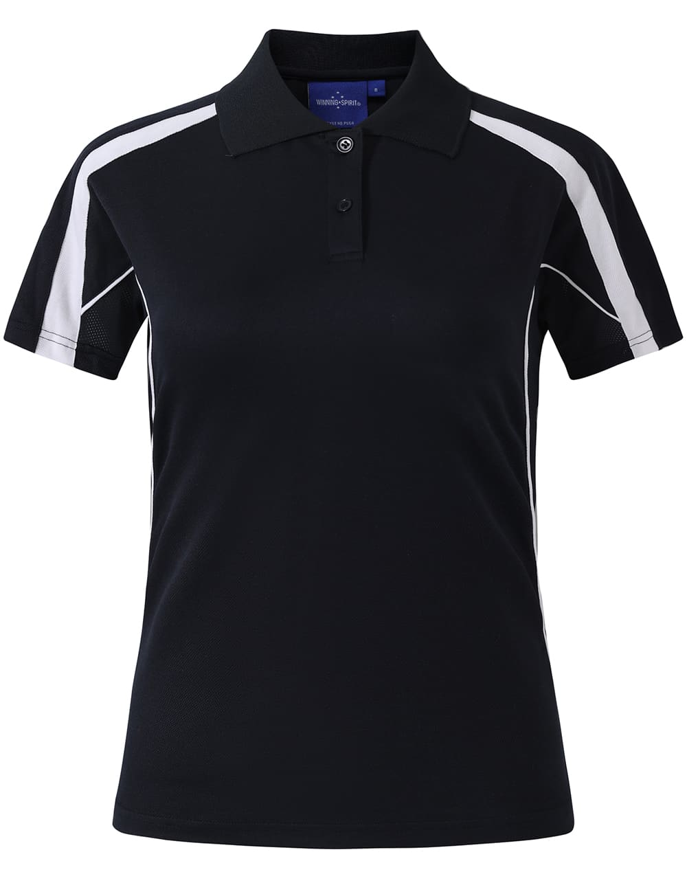 A navy blue polo shirt with short sleeves, featuring contrasting white side panels and a logo.