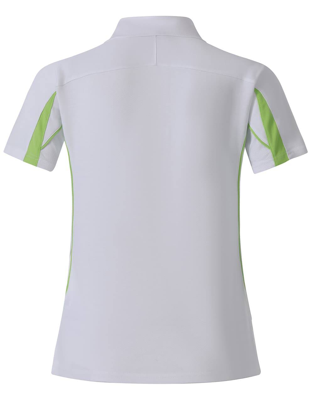 A white polo shirt with green accents, featuring a collar and short sleeves, has a logo on it.