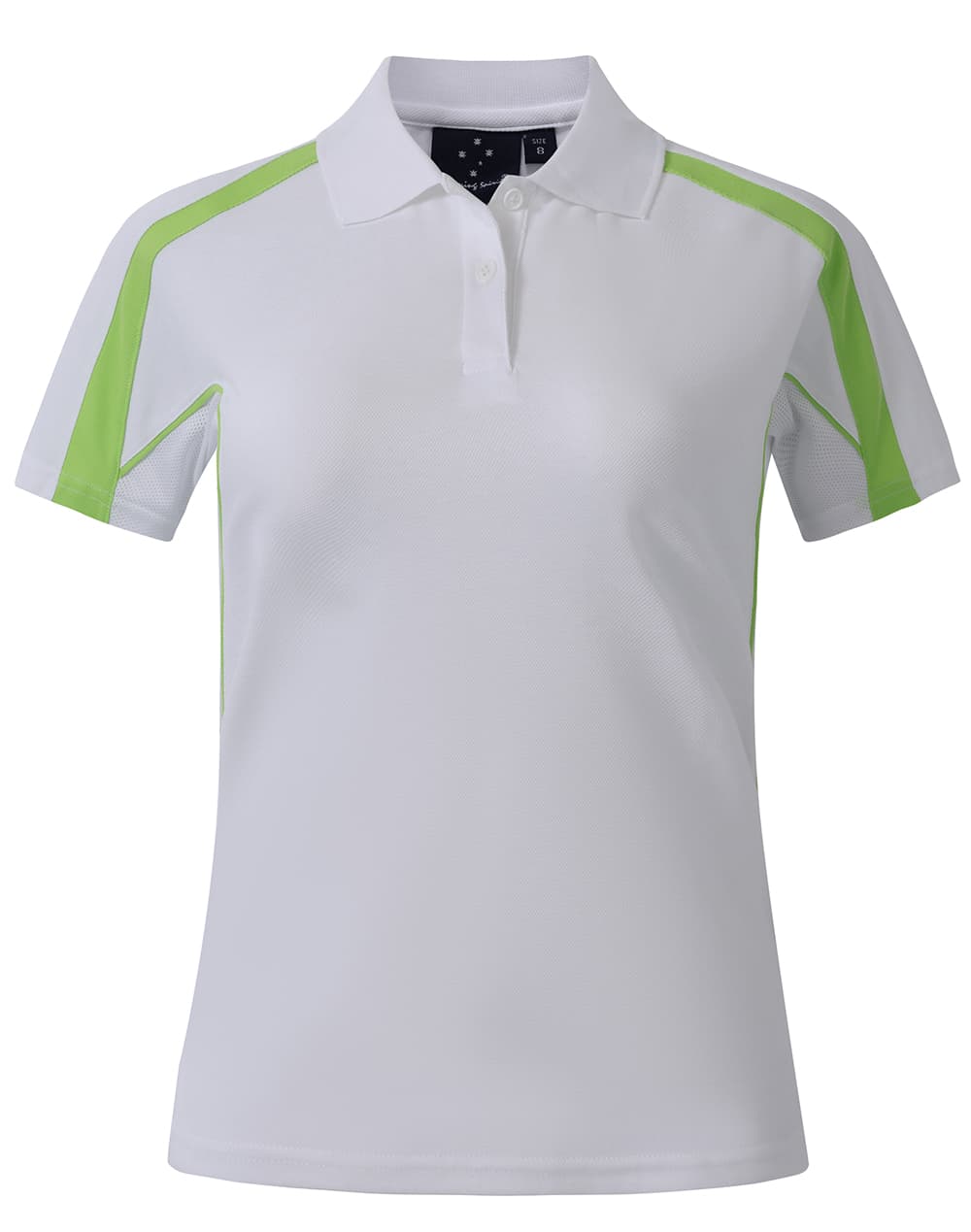 A white polo shirt with lime green accents and short sleeves, featuring a logo on the chest.