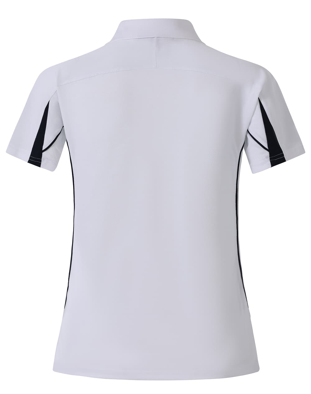 A white polo shirt with black detailing, featuring a collar and short sleeves, and has a logo on it.