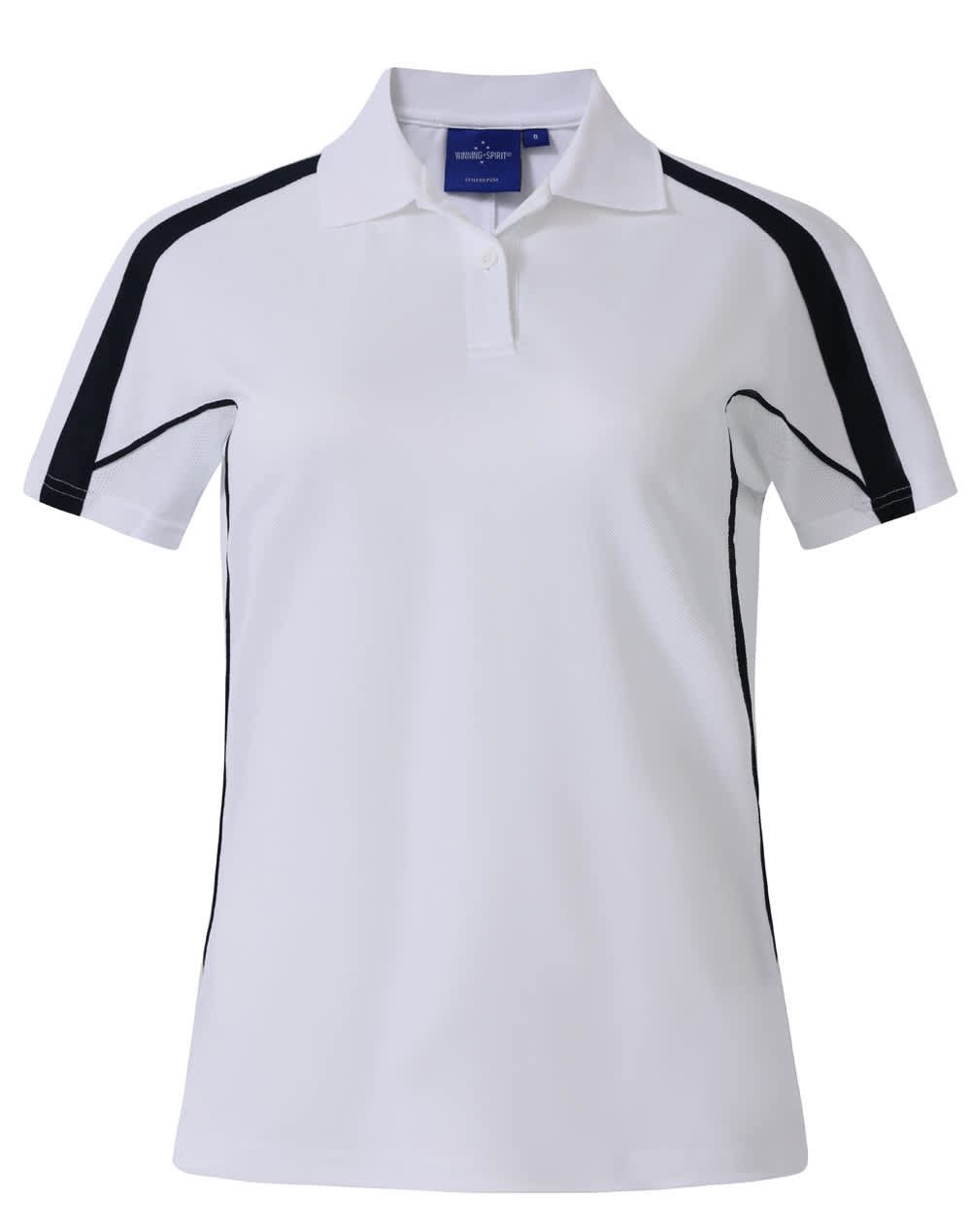 A white polo shirt with black accents and a collar, featuring a logo on the front.