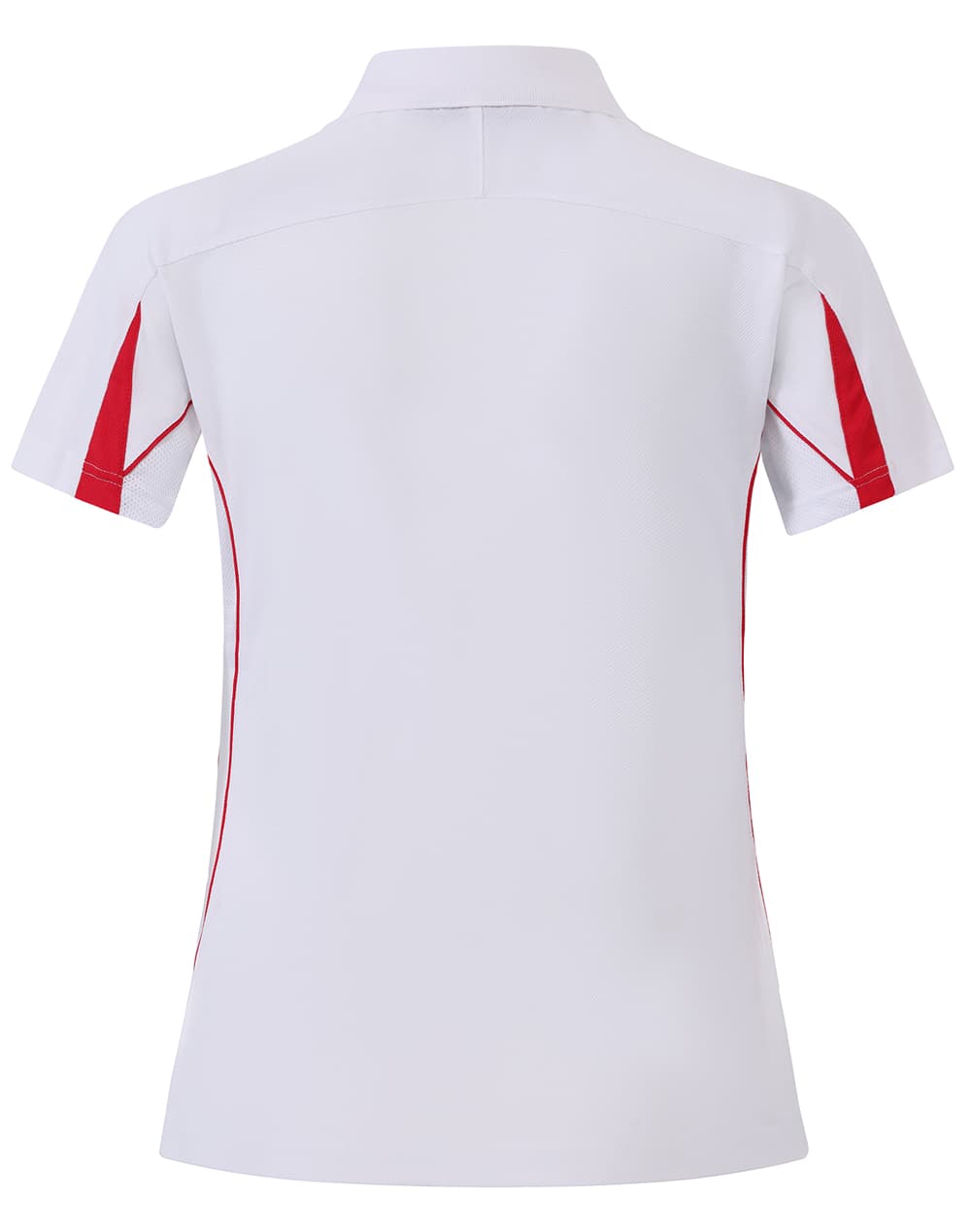 A white polo shirt with red accents and a logo, featuring a short sleeve and a classic collar design.