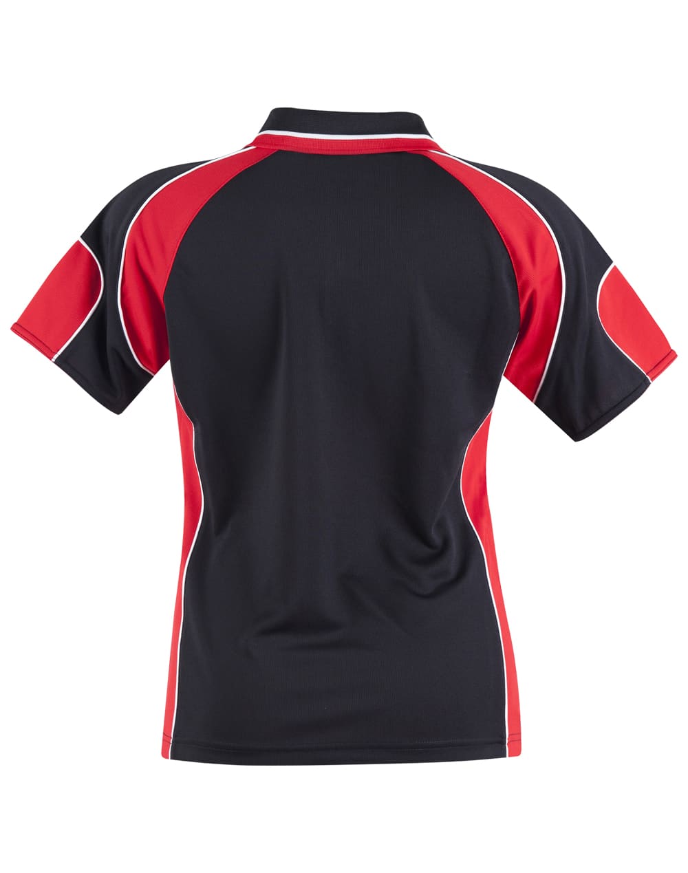 A black polo shirt with red accents and white piping, featuring a logo on the back.