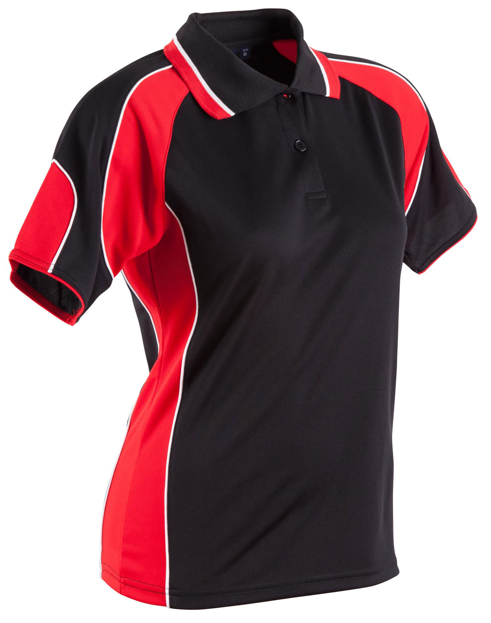A black and red ladies' polo shirt featuring a collar and contrast piping, with a logo on the chest.