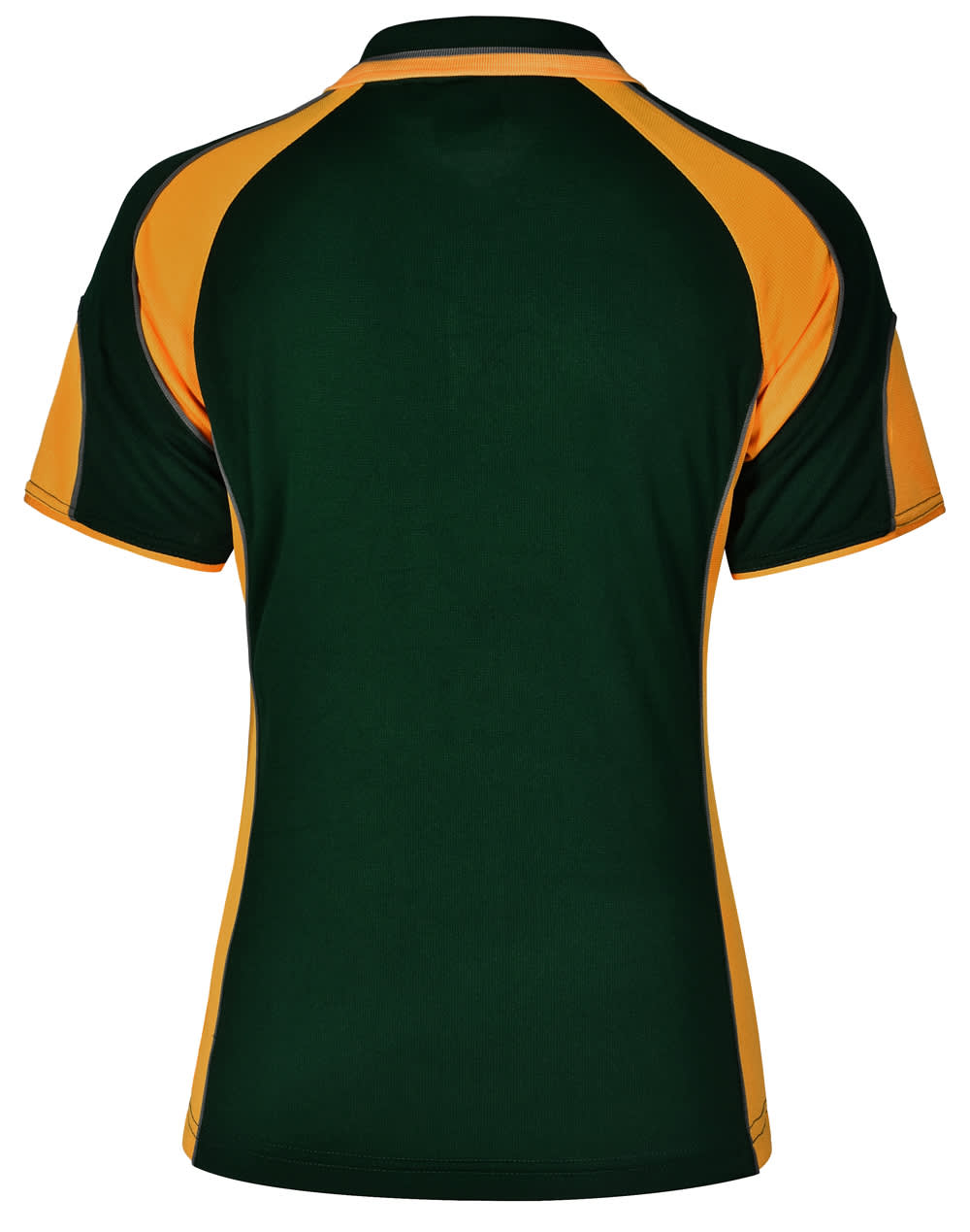 A back view of a polo shirt featuring dark green with orange accents and a logo.