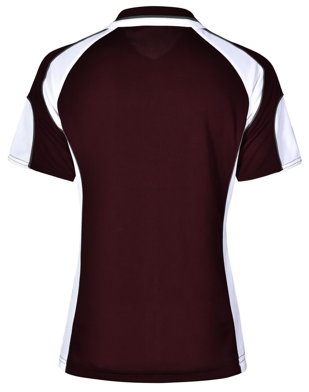 A maroon and white polo shirt featuring a sporty design and a logo on the back.