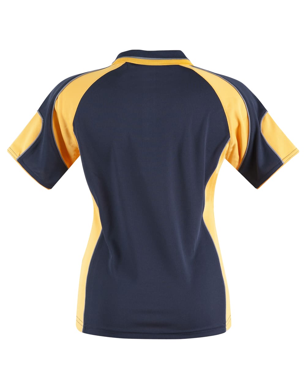 A women's polo shirt featuring navy blue and yellow panels, displaying a sporty design and a logo on the back.