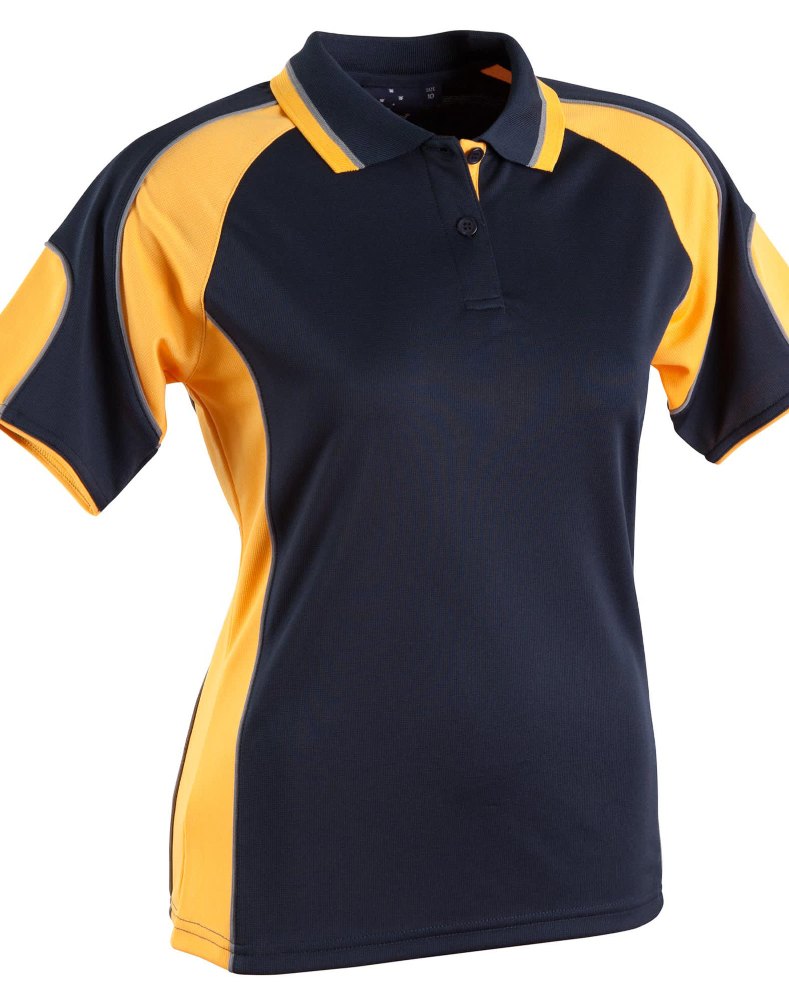 A navy blue and yellow women's polo shirt with a logo and short sleeves.