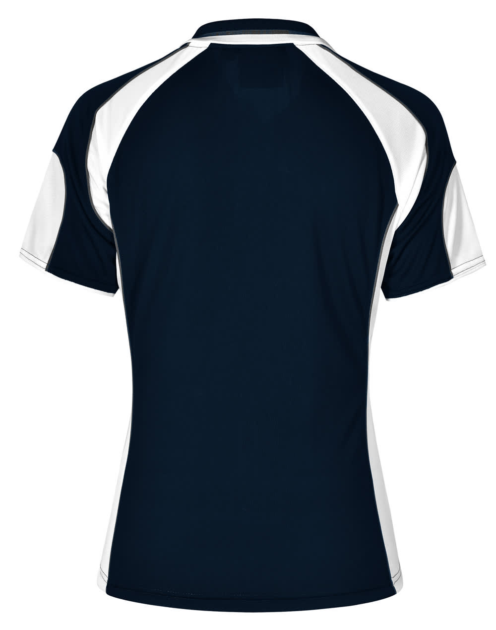 A navy blue polo shirt with white accents, featuring a sporty design and a logo on the back.