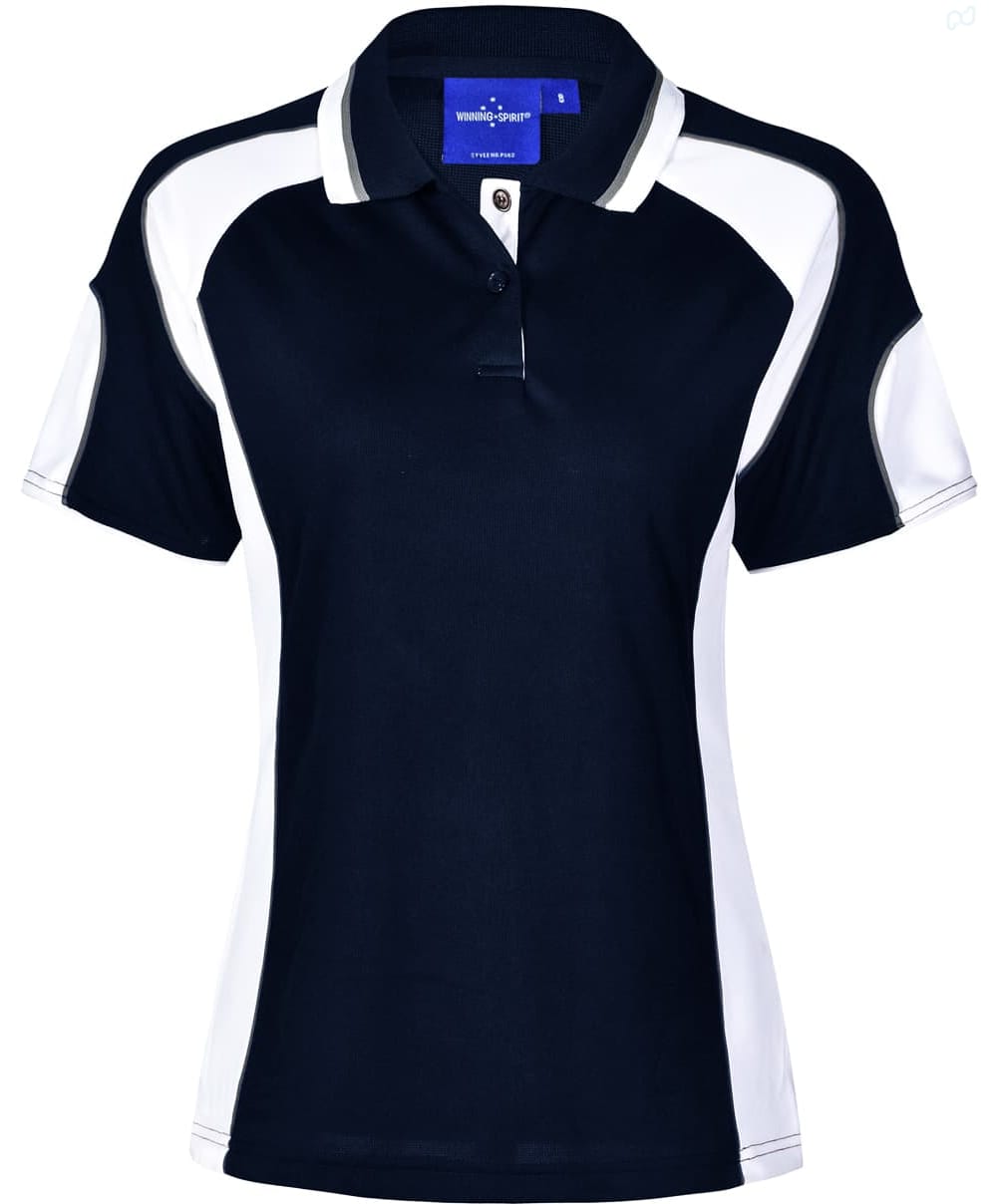 A navy and white polo shirt with short sleeves and a collar, featuring a branding logo.