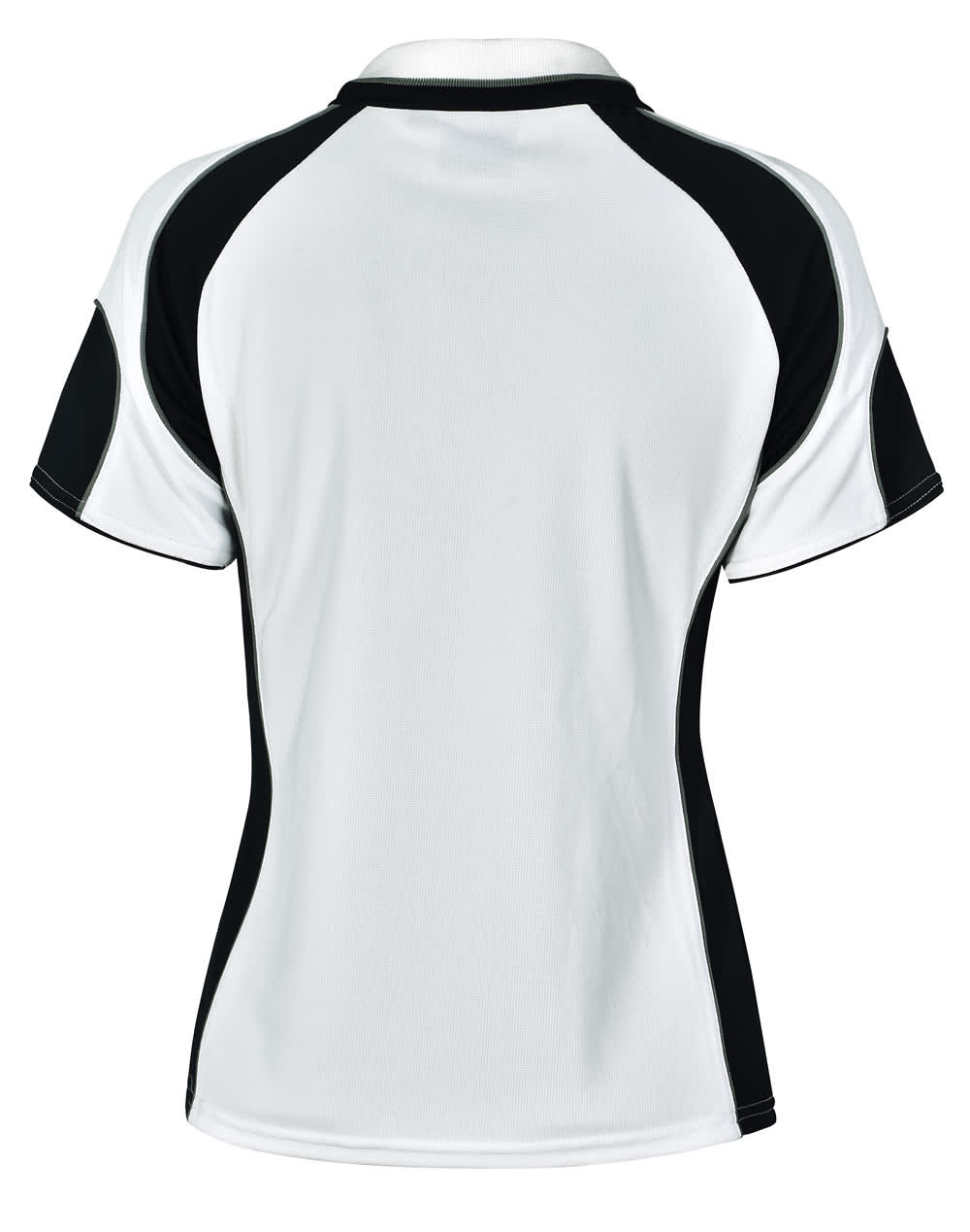 A white ladies' polo shirt with black accents and a logo on the back.