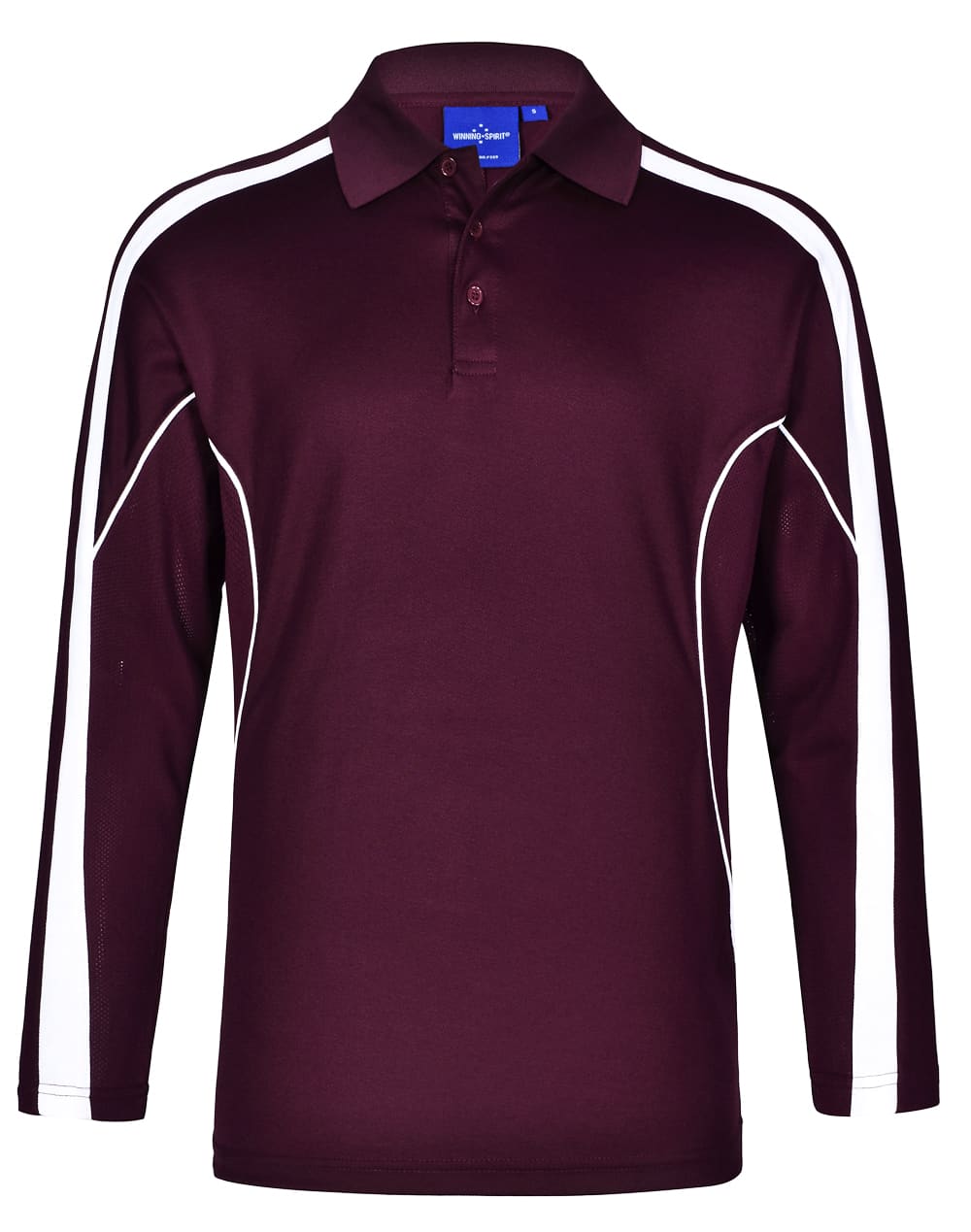 A men's long sleeve polo in burgundy with white side accents and a collar. Features a logo on the chest area.