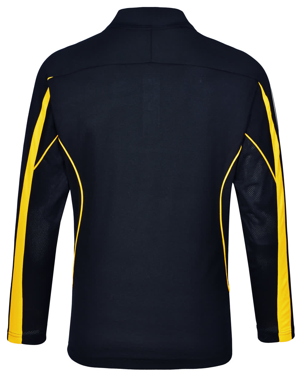 A black long sleeve polo shirt with yellow accents and a logo on the side.